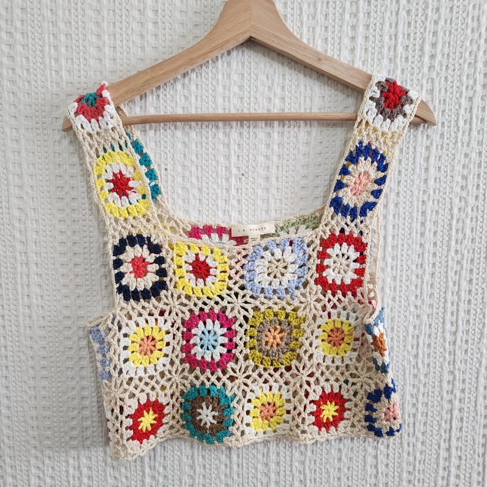 PacSun LA Hearts Crochet Granny Square Crop Tank Top Boho Festival One Size - Picture 3 of 12